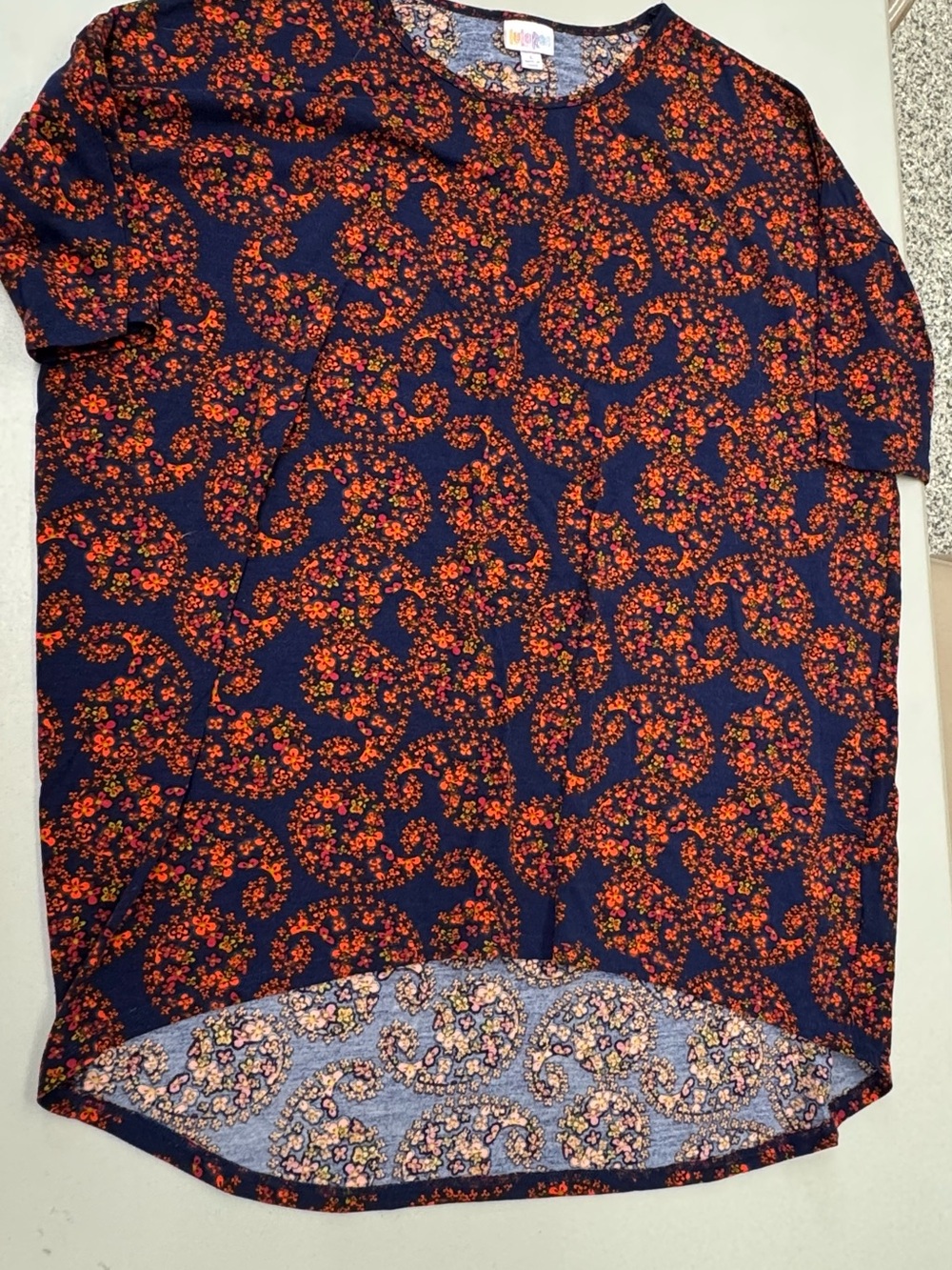 LuLaRoe Navy Short Sleeve Tunic Top with Orange Floral Paisley